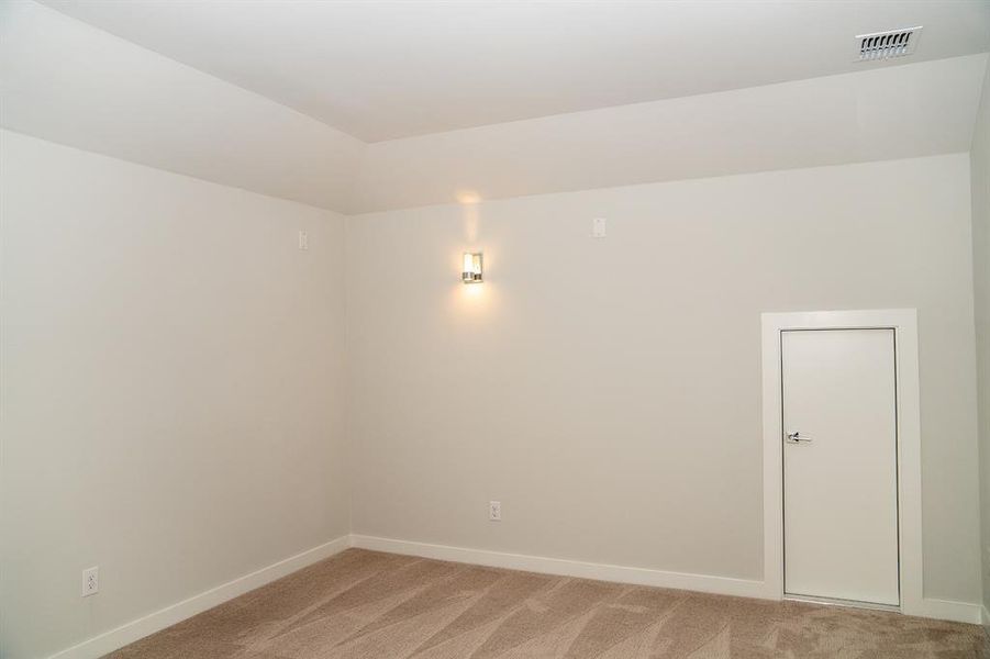 Carpeted room with a tray ceiling and light-toned walls Carpeted room with a tray ceiling and light-toned walls