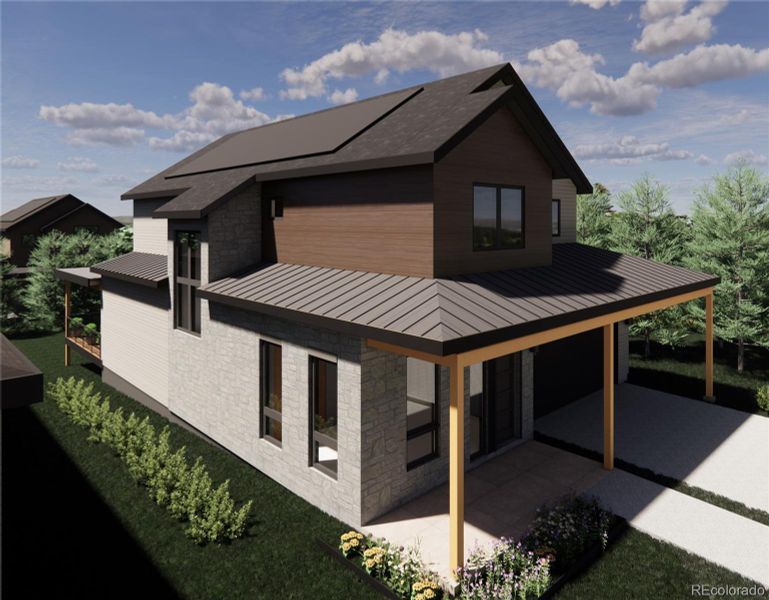 Thoughtfully crafted exterior detailing highlights modern architecture and clean lines. This view showcases the blend of stone, siding, and wood accents that define Exterior Palette 6, along with the covered entry and oversized windows that bring natural light throughout the home.