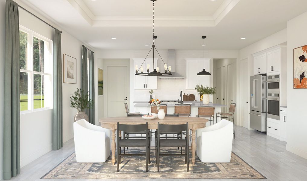 Dining area with chic chandelier