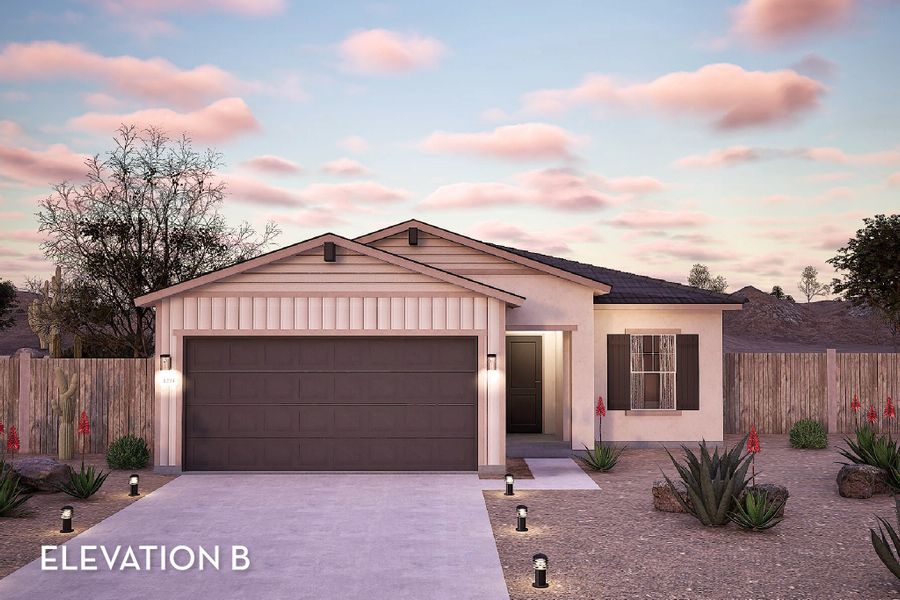 Representative exterior photo of a completed home built from the Aztec by CastleRock Communities in Hayden Estates, Buckeye, AZ (Image 2). Representative exterior photo of a completed home built from the Aztec by CastleRock Communities in Hayden Estates, Buckeye, AZ (Image 2).