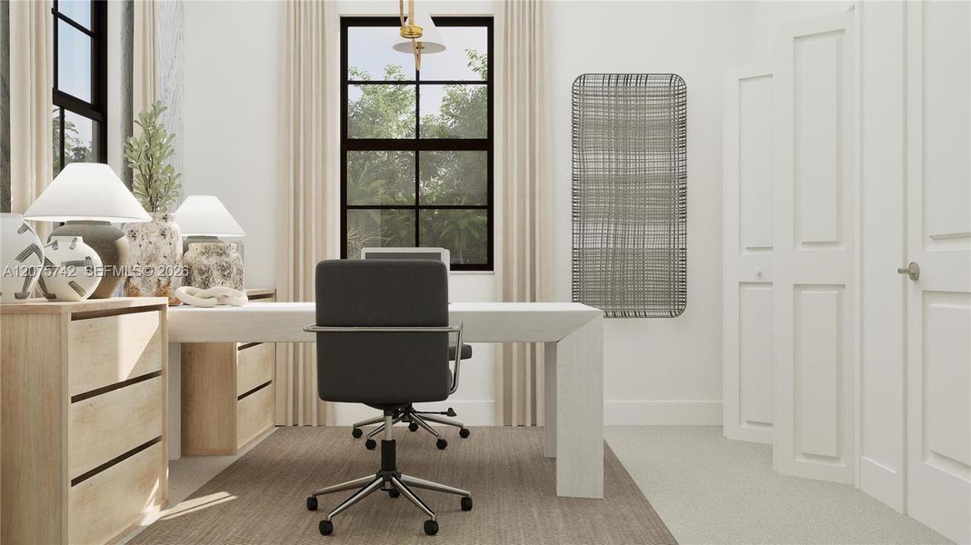 Styled as an office, this bedroom supports at-home workdays.