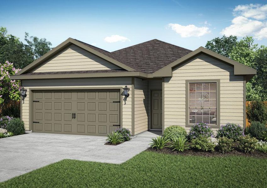 Single-story home with tan siding, brown trim and an attached two-car garage.