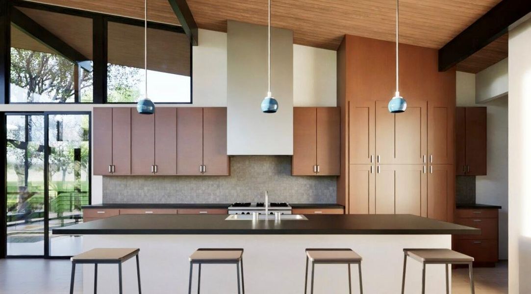 Kitchen with a kitchen breakfast bar, tasteful backsplash, a center island with sink, decorative light fixtures, and beamed ceiling Kitchen with a kitchen breakfast bar, tasteful backsplash, a center island with sink, decorative light fixtures, and beamed ceiling