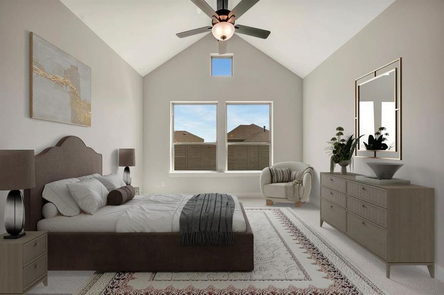 Vaulted ceilings highlight this room, featuring light-colored walls, two rectangular windows, and a small square window positioned above