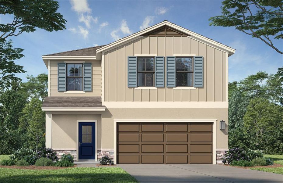 Front exterior of a new home in Grasslands West, Lakeland, FL, highlighting curb appeal (Image 24).