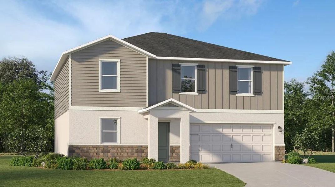 Front exterior of a new home in Wynnstone, Davenport, FL, highlighting curb appeal (Image 1). Front exterior of a new home in Wynnstone, Davenport, FL, highlighting curb appeal (Image 1).