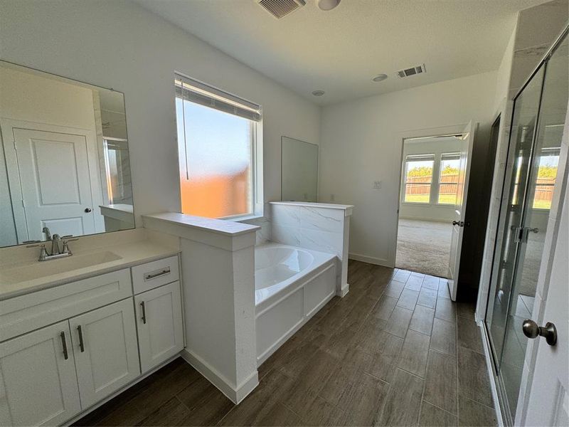 Bathroom with vanity, a shower stall, a bath, and dark wood-style flooring Bathroom with vanity, a shower stall, a bath, and dark wood-style flooring