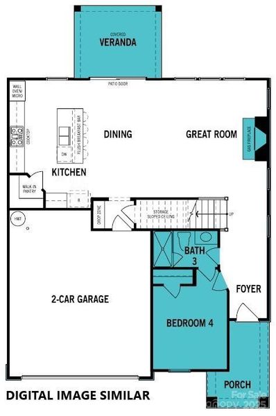 Main Level includes the upgrades shaded in blue - Front Porch, Bedroom 4, Bath 3, Fireplace, Covered Veranda, and Enhanced Side Elevation and Added Windows (DIGITAL IMAGE SIMILAR) Main Level includes the upgrades shaded in blue - Front Porch, Bedroom 4, Bath 3, Fireplace, Covered Veranda, and Enhanced Side Elevation and Added Windows (DIGITAL IMAGE SIMILAR)