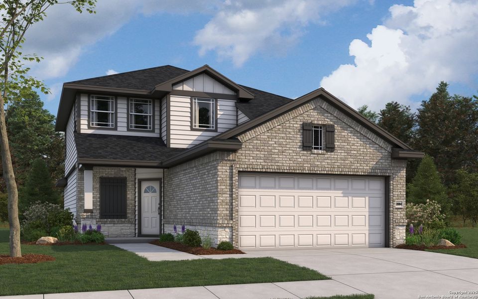 Front exterior of a new home in Red Hawk Landing, San Antonio, TX, highlighting curb appeal (Image 1).