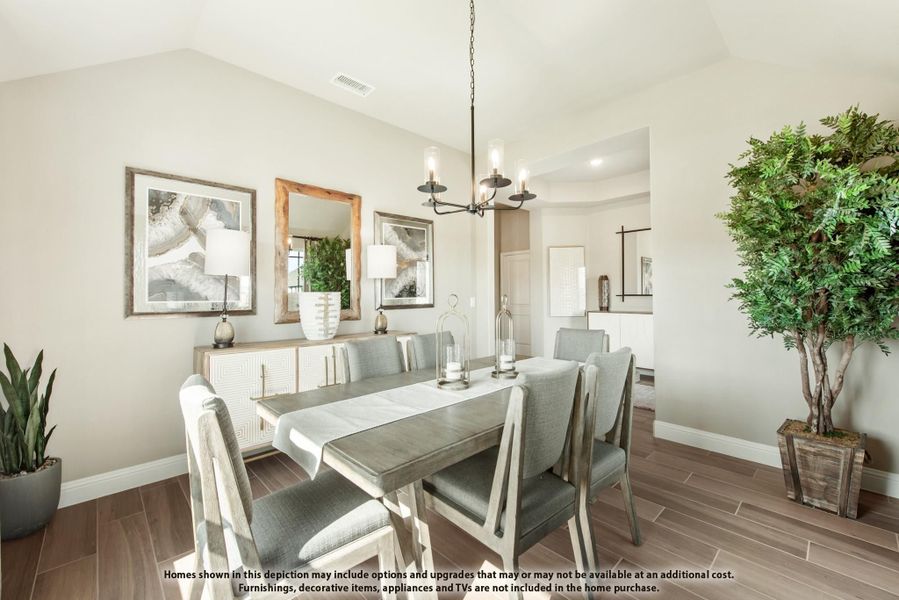 Dining room with vaulted ceiling, wood-look tile floors, six-seat table, and chandelier overhead
