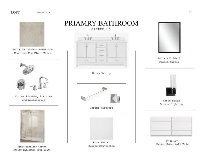 Loft Look Palette 5: Primary Bathroom Selection Sheet (*Artist rendering used for illustration purposes only.)