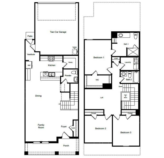 2D floor plan layout for the NUTMEG by D.R. Horton in Orchard Village, Fort Worth, TX (Image 3). 2D floor plan layout for the NUTMEG by D.R. Horton in Orchard Village, Fort Worth, TX (Image 3).