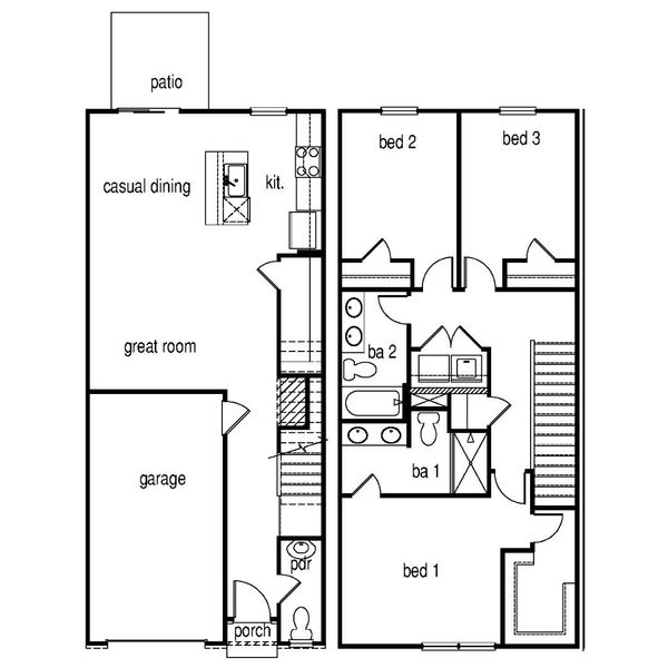 2D floor plan layout for the Walnut by McGuinn Homes in Sibley Village Townhomes, Sumter, SC (Image 3).