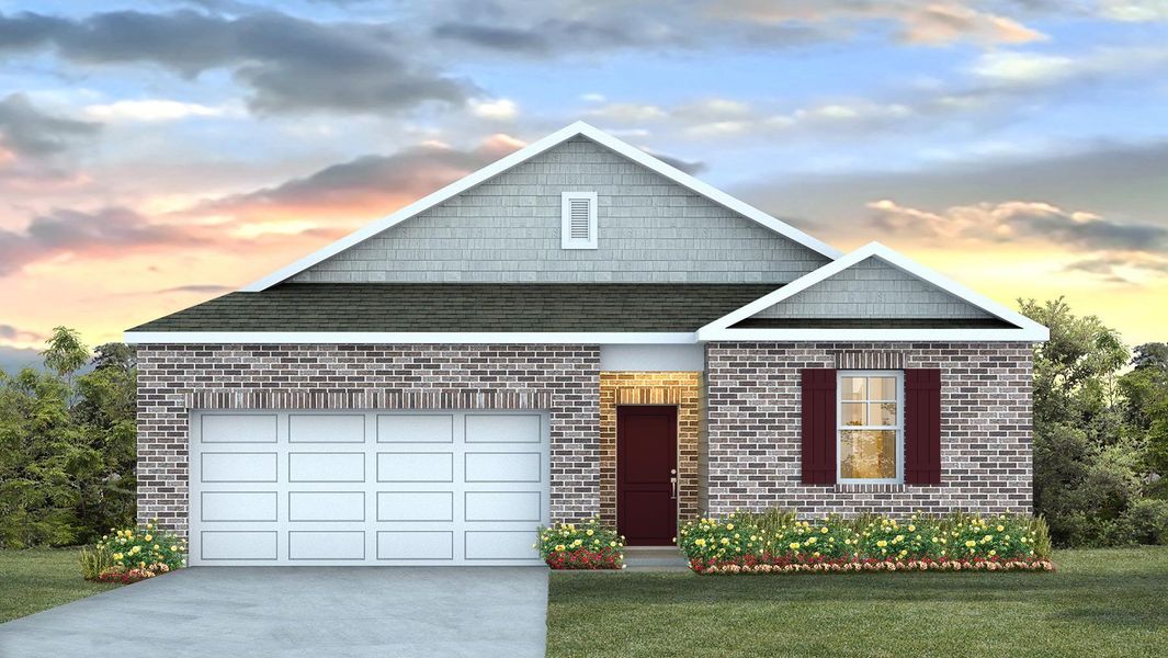 Front exterior of a new home in Hunter's Branch, Hopkins, SC, highlighting curb appeal (Image 1).