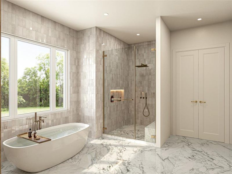 Freestanding soaking tub with floor-mounted fixture, large window, and glass-enclosed shower with wall-mounted fixtures
