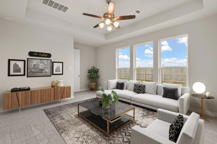 Gathering room. Sample product photo. Actual exterior and interior selections may vary by homesite. Photo may be virtually staged.