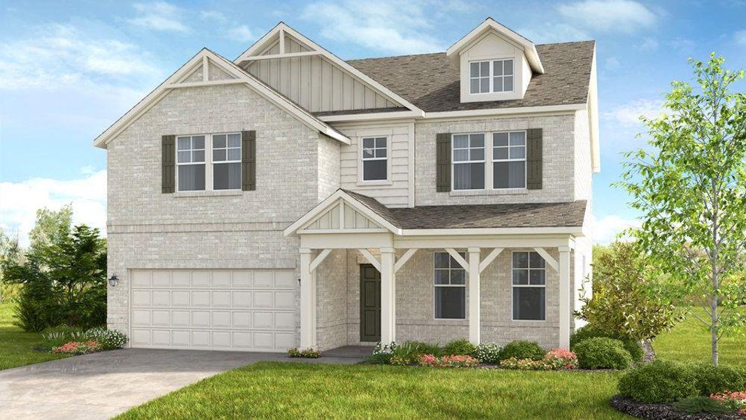 Front exterior of a new home in Falls Creek, Flowery Branch, GA, highlighting curb appeal (Image 1).