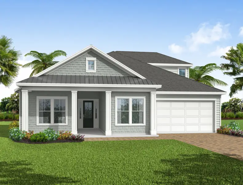 Representative exterior photo of a completed home built from the Creekside by Riverside Homes in Sagebrush at EverRange, Jacksonville, FL (Image 1). Representative exterior photo of a completed home built from the Creekside by Riverside Homes in Sagebrush at EverRange, Jacksonville, FL (Image 1).