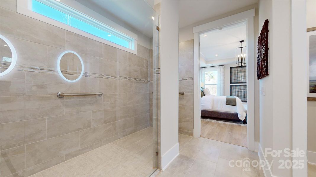 Tiled, walk-in shower