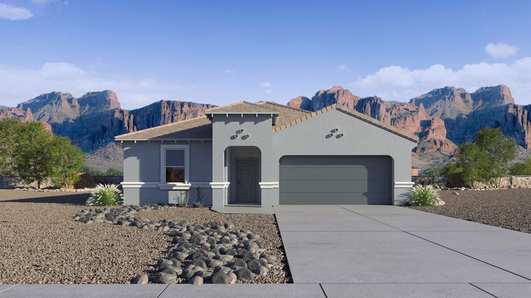 Front exterior of a new home in Radiance at Superstition Vistas, Apache Junction, AZ, highlighting curb appeal (Image 1). Front exterior of a new home in Radiance at Superstition Vistas, Apache Junction, AZ, highlighting curb appeal (Image 1).
