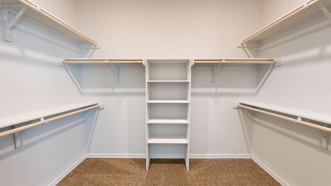 Walk in closet featuring dark carpet