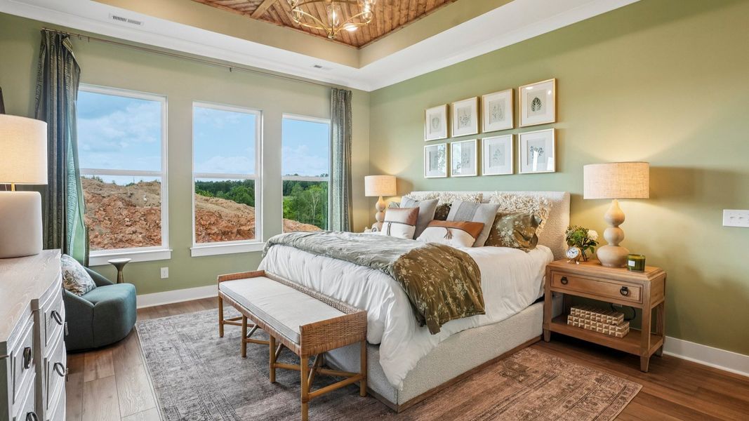 Primary suite with tray ceiling, hard surface flooring, and windows Primary suite with tray ceiling, hard surface flooring, and windows