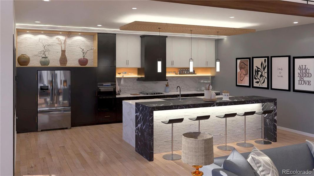 Gourmet kitchen with waterfall island