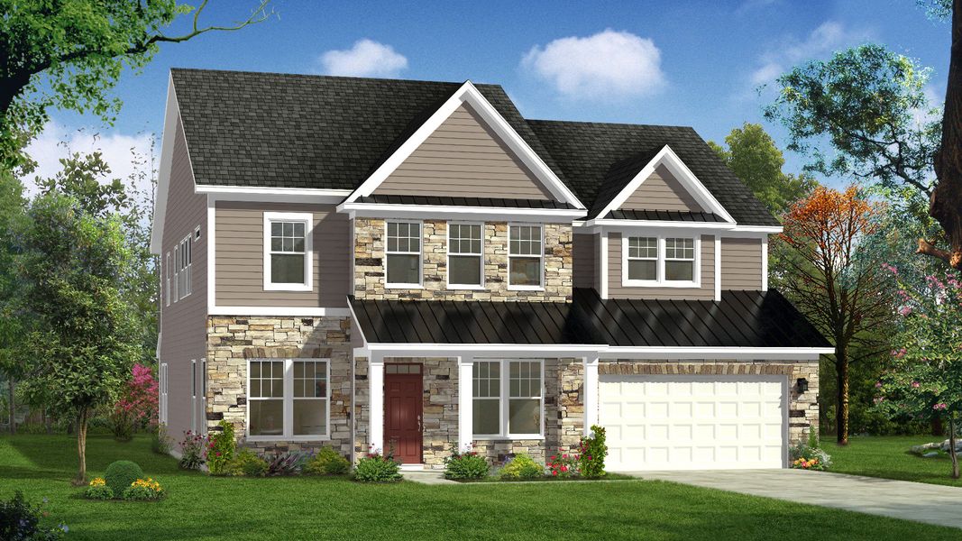 Representative exterior photo of a completed home built from the Stonehaven by DRB Homes in Michaux Gardens, Belmont, NC (Image 2). Representative exterior photo of a completed home built from the Stonehaven by DRB Homes in Michaux Gardens, Belmont, NC (Image 2).