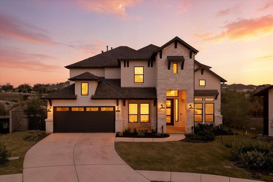 View of front of property featuring stone siding, driveway, stucco siding, and a shingled roof View of front of property featuring stone siding, driveway, stucco siding, and a shingled roof