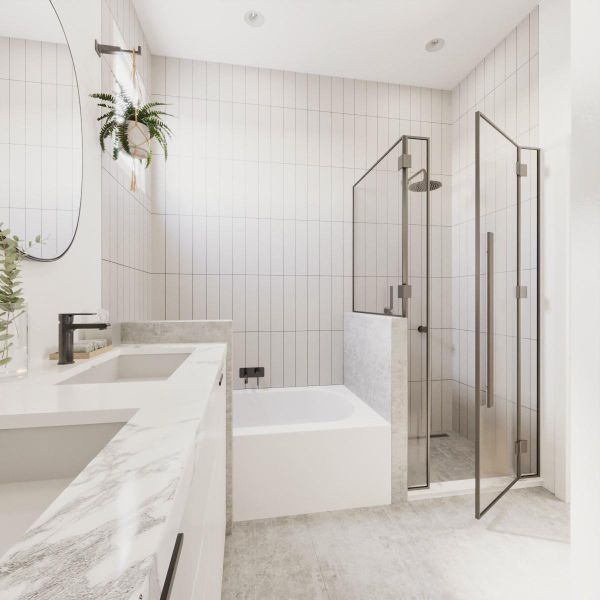 Bathroom with double vanity, a bath, a stall shower, and a sink