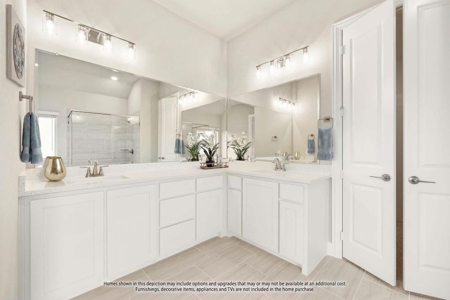 Master bathroom with dual sinks, white L-shaped vanity, large mirrors, and a glass-enclosed shower. Master bathroom with dual sinks, white L-shaped vanity, large mirrors, and a glass-enclosed shower.