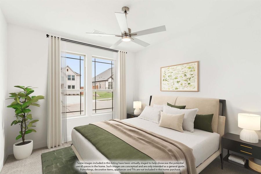 Bedroom with ceiling fan, large windows, neutral carpet, and upholstered bed with green accents