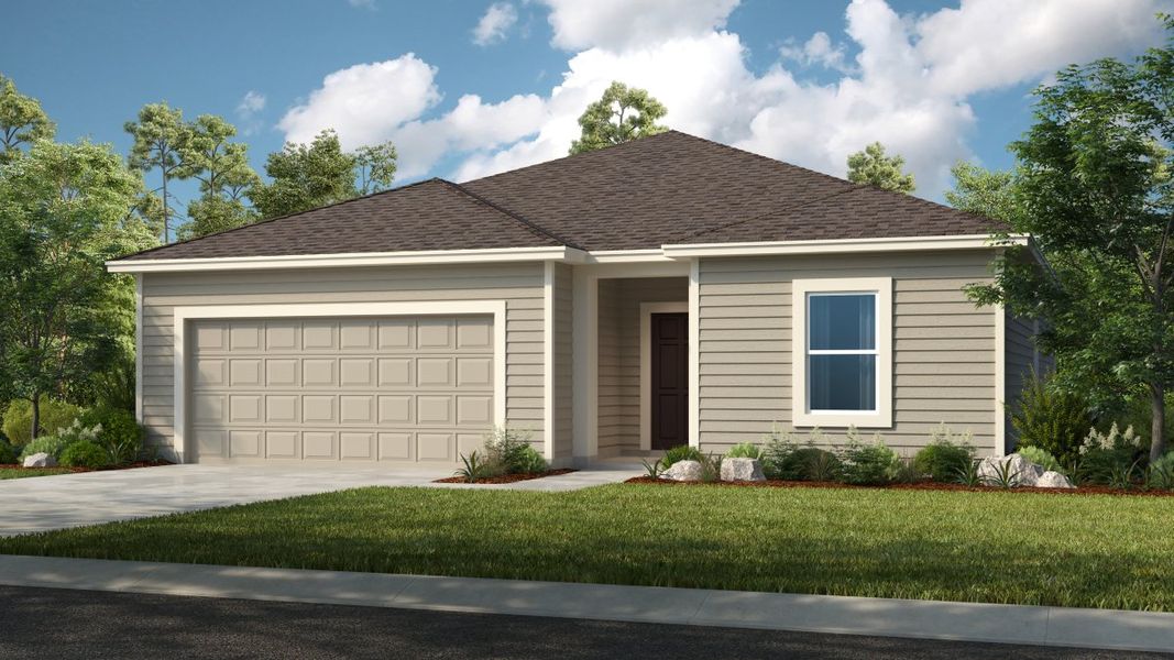 Front exterior of a new home in Coopers Meadow, Jacksonville, FL, highlighting curb appeal (Image 1). Front exterior of a new home in Coopers Meadow, Jacksonville, FL, highlighting curb appeal (Image 1).