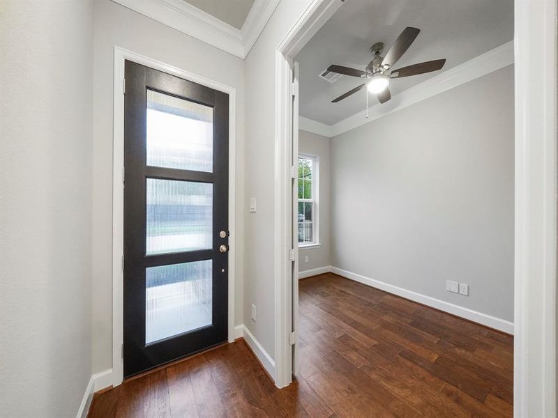 The large study, located at the front of the home, offers additional storage and a space to work from home.(Sample photo of a completed Sterling Floor Plan. Image may show alternative features/and or upgrades.)