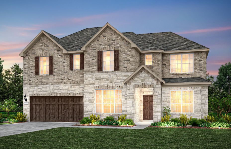Front exterior of a new home in Bluffview Reserve, Leander, TX, highlighting curb appeal (Image 2). Front exterior of a new home in Bluffview Reserve, Leander, TX, highlighting curb appeal (Image 2).