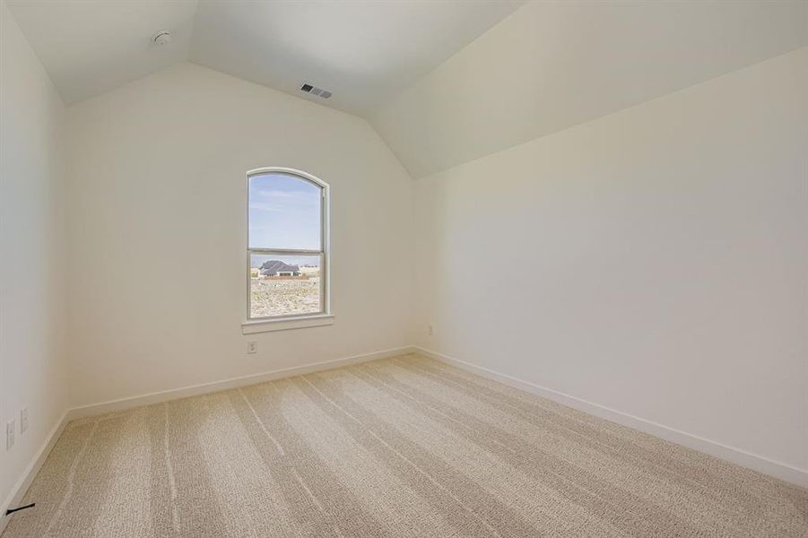 Empty room featuring light carpet and vaulted ceiling