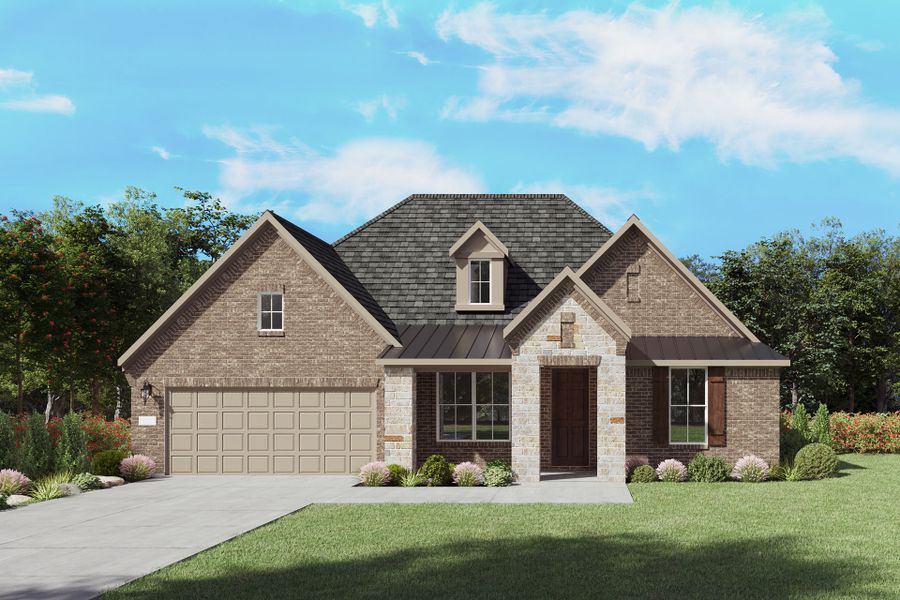 The Azle, a one-story new home design shown with home exterior FC 201 The Azle, a one-story new home design shown with home exterior FC 201