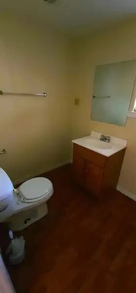 Bathroom featuring vanity and dark wood-style flooring