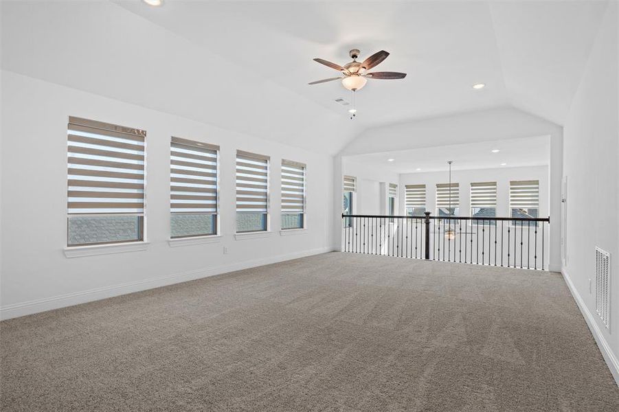 Empty room with a healthy amount of sunlight, carpet flooring, and vaulted ceiling