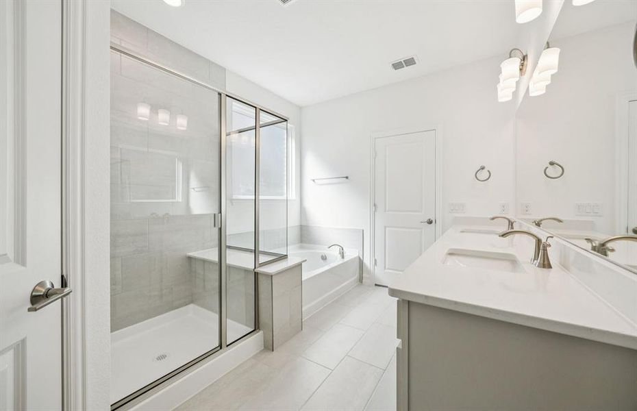 Double vanity and separate tub and shower in owner's bath *model representation