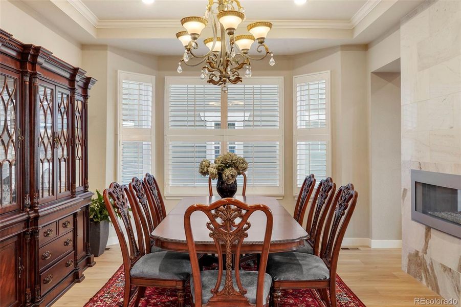 Tray ceiling with crown molding, plantation shutters and upgraded lighting adorn the dining room