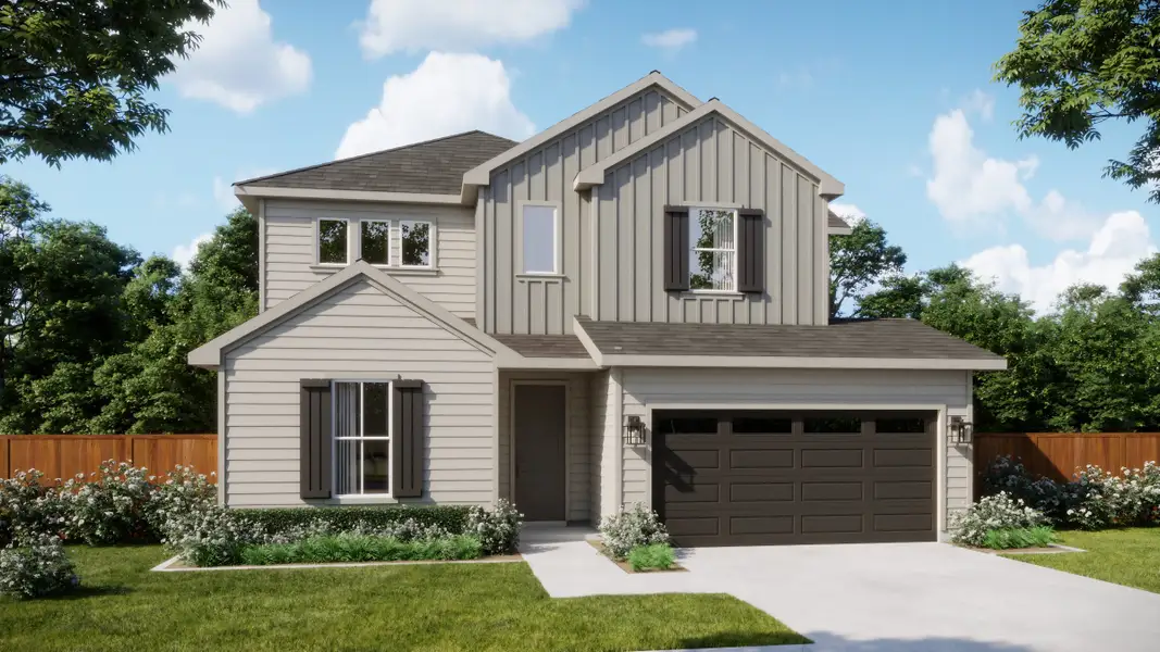 Representative exterior photo of a completed home built from the 4058 by Risewell Homes in Freedom at Anthem, Mountain City, TX (Image 4). Representative exterior photo of a completed home built from the 4058 by Risewell Homes in Freedom at Anthem, Mountain City, TX (Image 4).