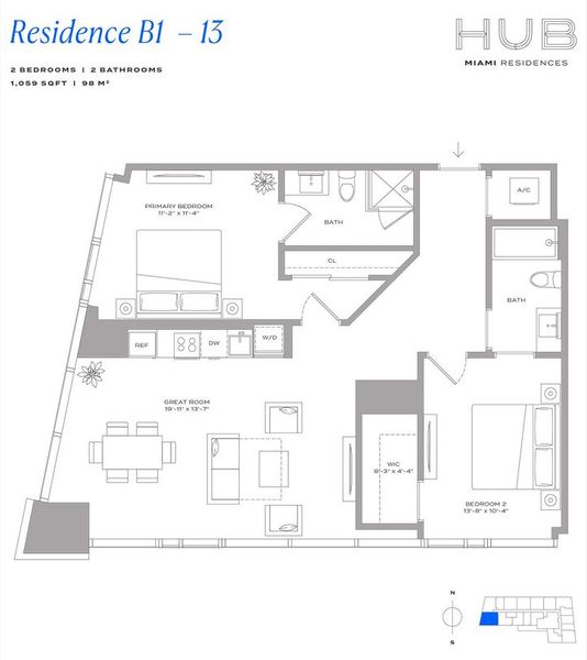 2D floor plan layout for the Residence B1 13 by The John Buck Company in HUB Miami, Miami, FL (Image 1). 2D floor plan layout for the Residence B1 13 by The John Buck Company in HUB Miami, Miami, FL (Image 1).