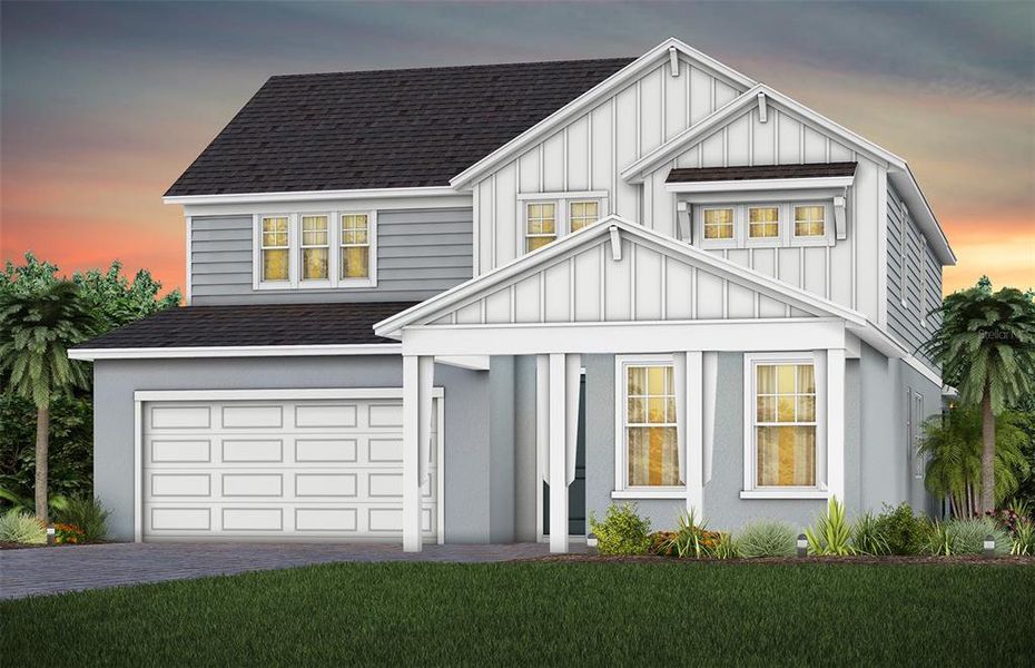 Front exterior of a new home in Parkside Trails, Clermont, FL, highlighting curb appeal (Image 1).