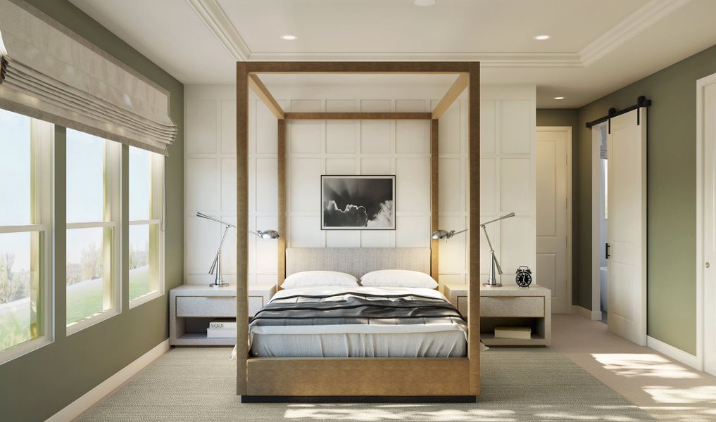 Primary suite with decorative feature wall Primary suite with decorative feature wall