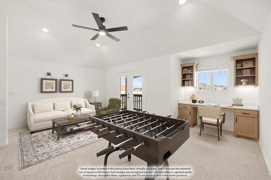 Bonus room with foosball table, built-in desk, seating area, and ceiling fan on carpeted floor