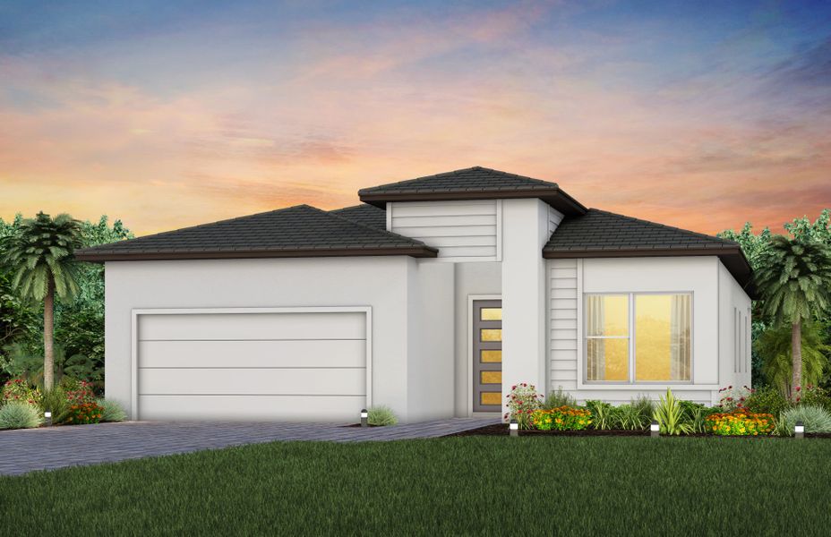 Representative exterior photo of a completed home built from the Mystique by Del Webb in Del Webb Explore North River Ranch, Parrish, FL (Image 21). Representative exterior photo of a completed home built from the Mystique by Del Webb in Del Webb Explore North River Ranch, Parrish, FL (Image 21).