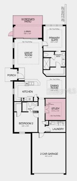 Additional highlights include: a tray ceiling in the great room, primary suite, dining room, and study, a private study with double pocket doors, extended screened in lanai, whole house impact glass windows, and additional lighting in the study, primary suite, dining room, and great room.