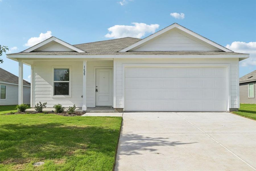 Ranch-style home featuring a front yard, concrete driveway, an attached garage, and roof with shingles Ranch-style home featuring a front yard, concrete driveway, an attached garage, and roof with shingles