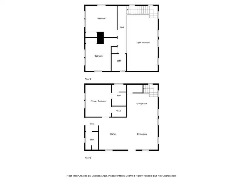 This is a two-story floor plan. The first floor features an entry, kitchen, dining area, living room, a primary bedroom with a walk-in closet, and a bath. The second floor includes two bedrooms, a bath, a hall, and an open area overlooking the lower level. This is a two-story floor plan. The first floor features an entry, kitchen, dining area, living room, a primary bedroom with a walk-in closet, and a bath. The second floor includes two bedrooms, a bath, a hall, and an open area overlooking the lower level.